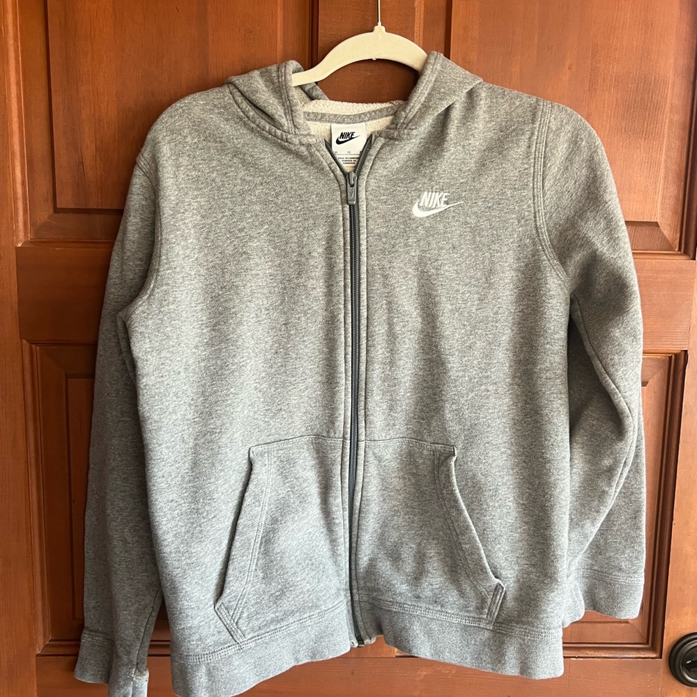 Nike zip up hoodie boys xl grey with white logo